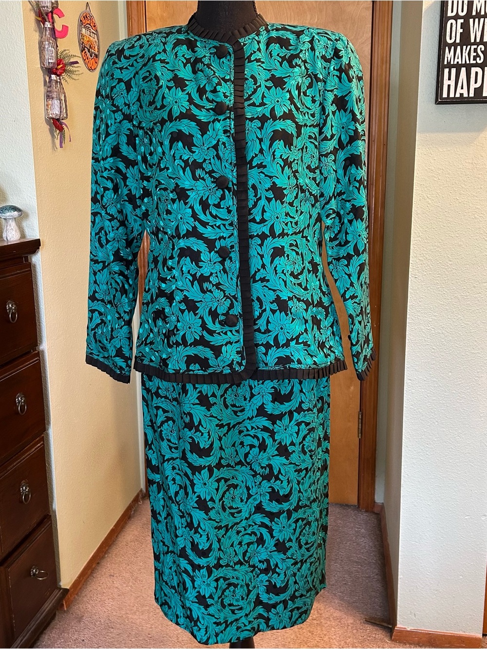 Jack Mulqueen vintage teal and black floral print two piece power suit size 10